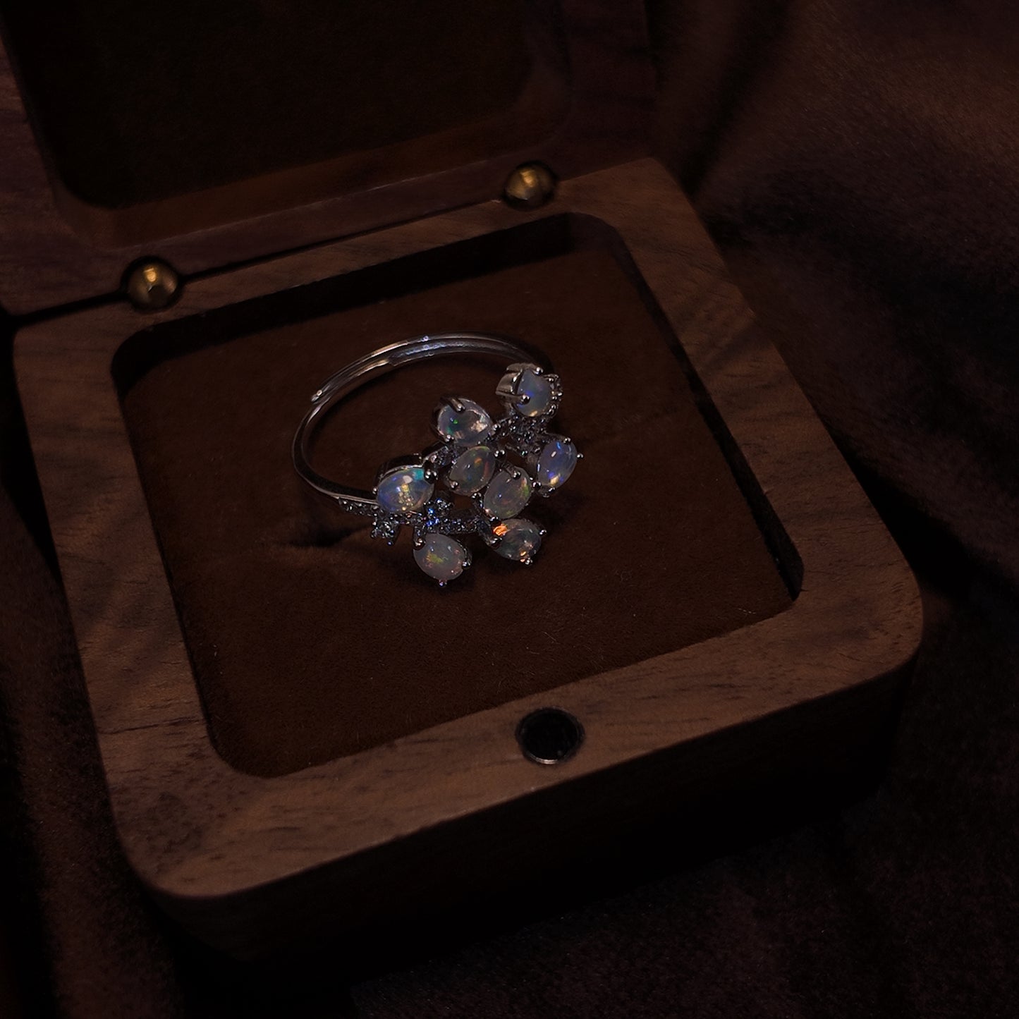 Natural Opal Stone Open Ring S925 Pure Silver Three Layer Multiple Stacked Leaves Layered Palace Vintage