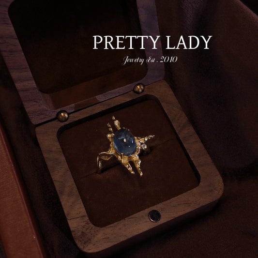 Natural Sea Blue Treasure Open Ring S925 Pure Silver Irregular Cross Border Royal Vintag