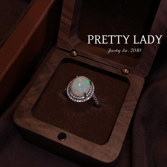 Natural Opal Stone Open Ring S925 Pure Silver Round Three Dimensional Colorful Diamond Arrangement Surrounding and Inlaid Zircon Palace Vintage