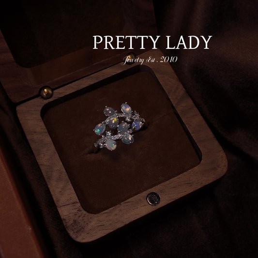 Natural Opal Stone Open Ring S925 Pure Silver Three Layer Multiple Stacked Leaves Layered Palace Vintage