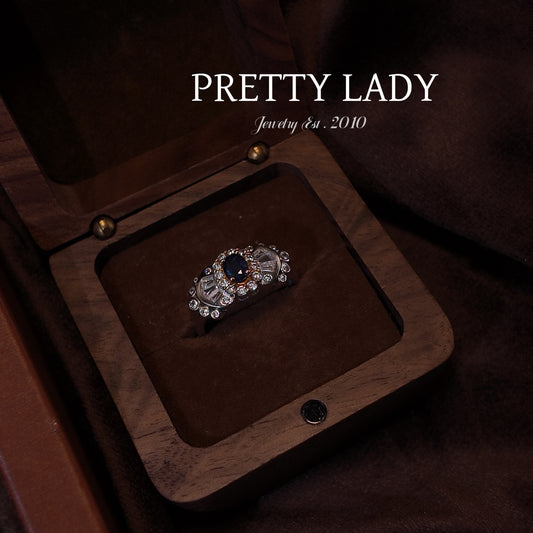 Natural Sapphire Open End Ring S925 Solid Silver Wide Edge Irregular Diamond Set Design Palace Vintage