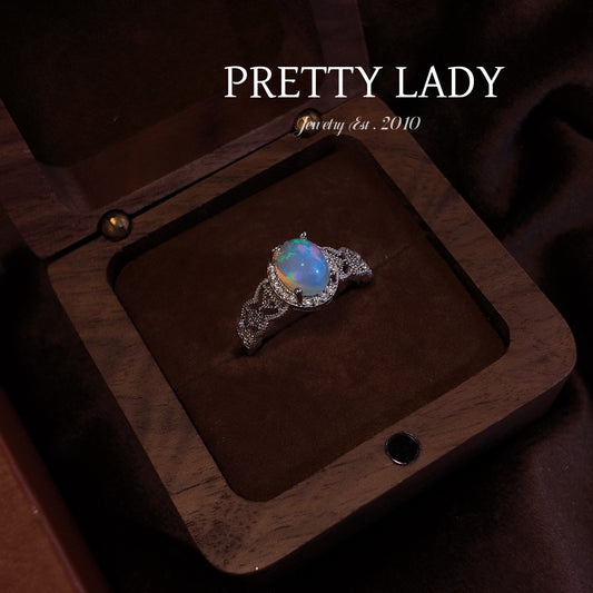 Natural Opal Stone Open Ring S925 Pure Silver Colorful Oval Hollow Lace Design Palace Vintage