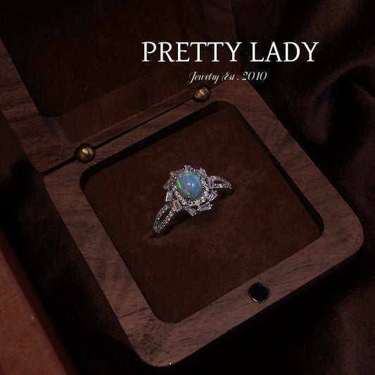 Natural Opal Stone Open Ring S925 Pure Silver Colorful Elliptical Whirlpool Surrounding Design Palace Retro