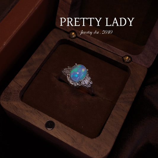 Natural Opal Stone Open Ring S925 Pure Silver Colorful Oval Diamond Set Simple and Elegant Palace Vintage