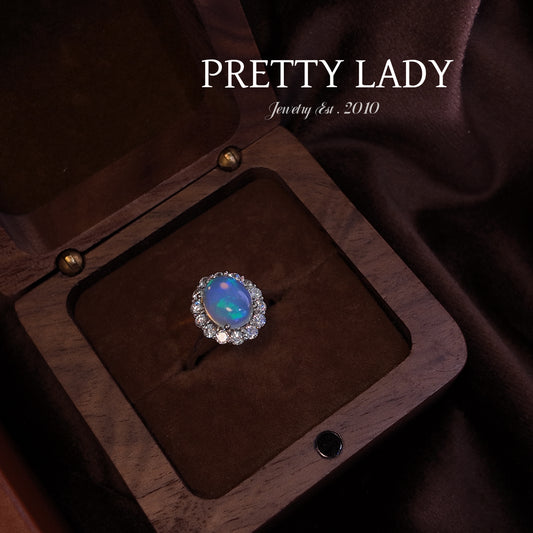 Natural Opal Stone Open Ring S925 Pure Silver Colorful Oval Simple and Elegant Palace Vintage