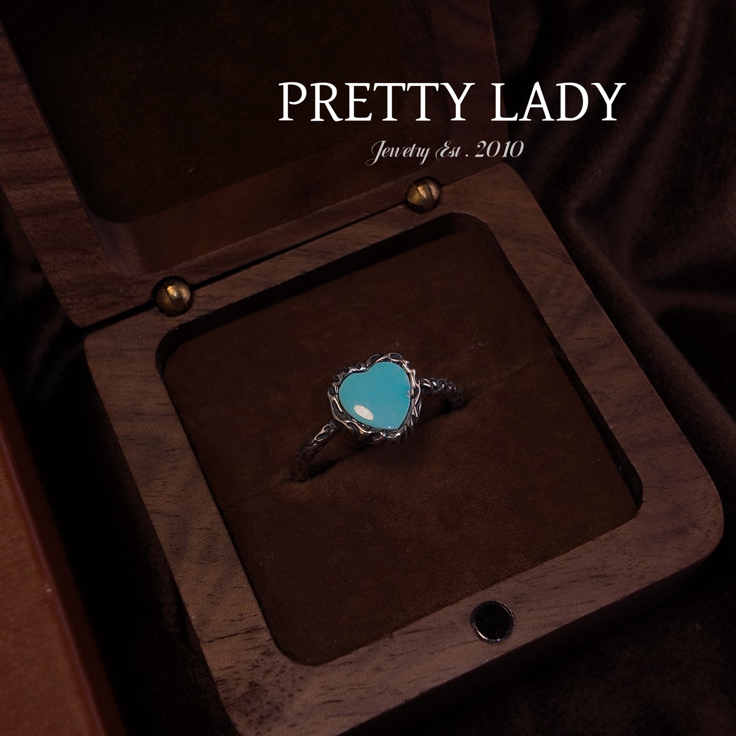 Natural turquoise open ring S925 pure silver green heart hand hammer pattern ring body court retro