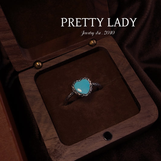 Natural turquoise open ring S925 pure silver green heart hand hammer pattern ring body court retro