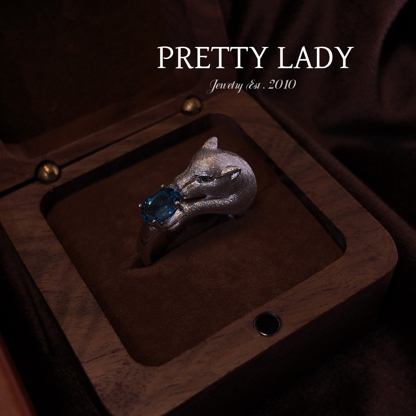 Natural Topaz Open Ring S925 Pure Silver Blue Stereoscopic Leopard Green Eyes Personalized Design Palace Retro