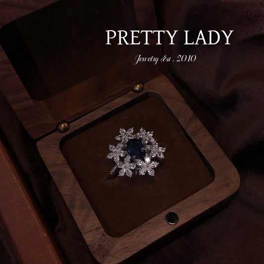 Natural Sapphire Open Ring S925 Pure Silver Blue Flower Shaped Surrounding Diamond Set Design Palace Retro