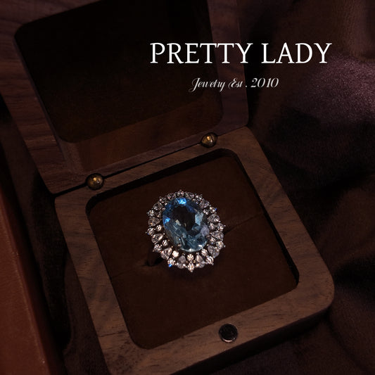 Natural Topaz Open Ring S925 Pure Silver Light Blue Oval Three Dimensional Noble Design Palace Retro