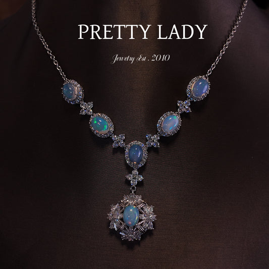 Natural Opal Stone Necklace S925 Pure Silver Colorful Multiple Layers Overlapping V-shaped Noble Palace Vintage
