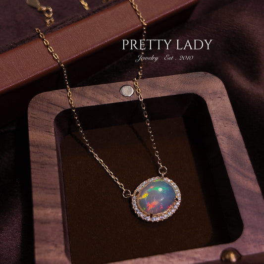 Natural Opal Stone Necklace S925 Pure Silver Colorful Single Piece Simple Palace Vintage