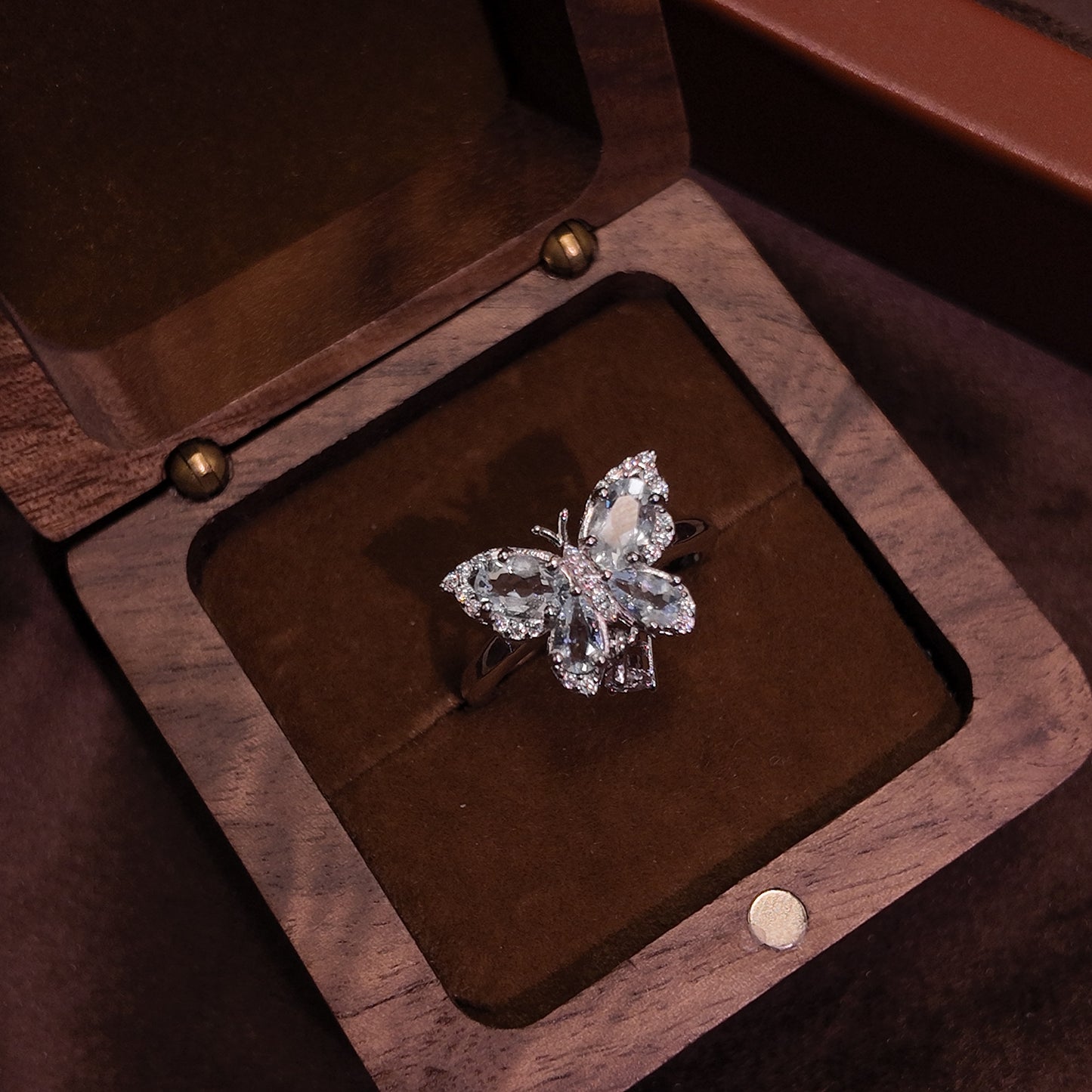 "Azure Sea Relic"Natural Sea Blue Treasure Ring Open Ring S925 Pure Silver Light Blue Butterfly Dynamic Pendant Palace Retro