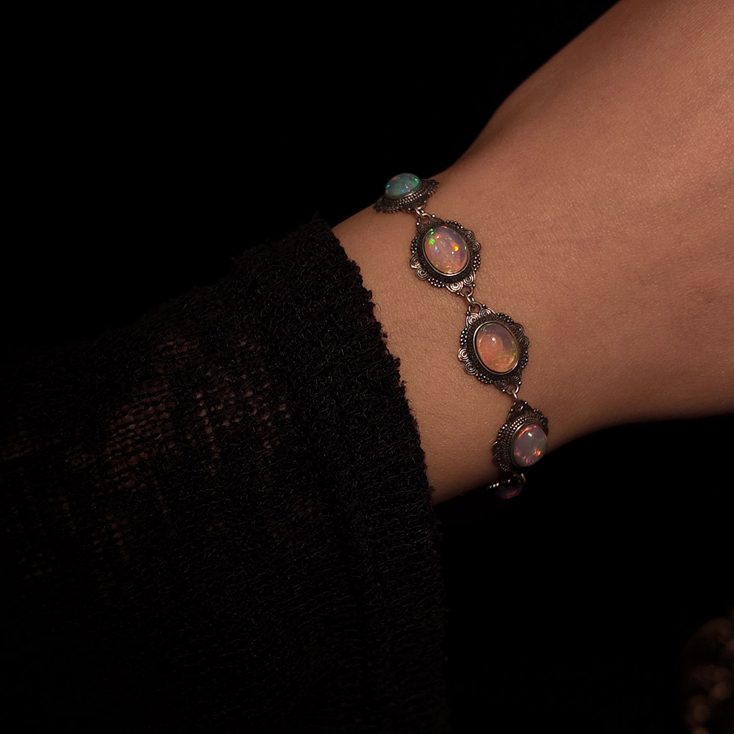 Natural Opal Stone Bracelet S925 Solid Silver Oval Colorful Design Palace Retro