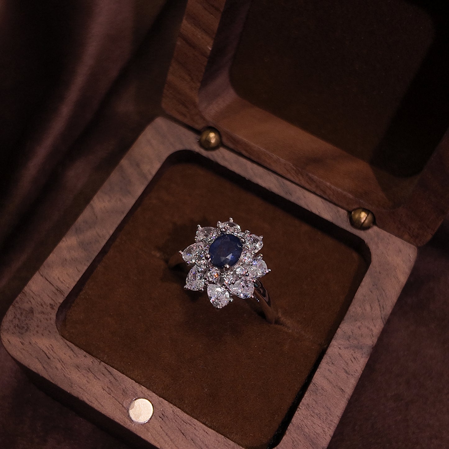 Natural sapphire ring with an open mouth S925 pure silver blue polygonal star shaped court retro