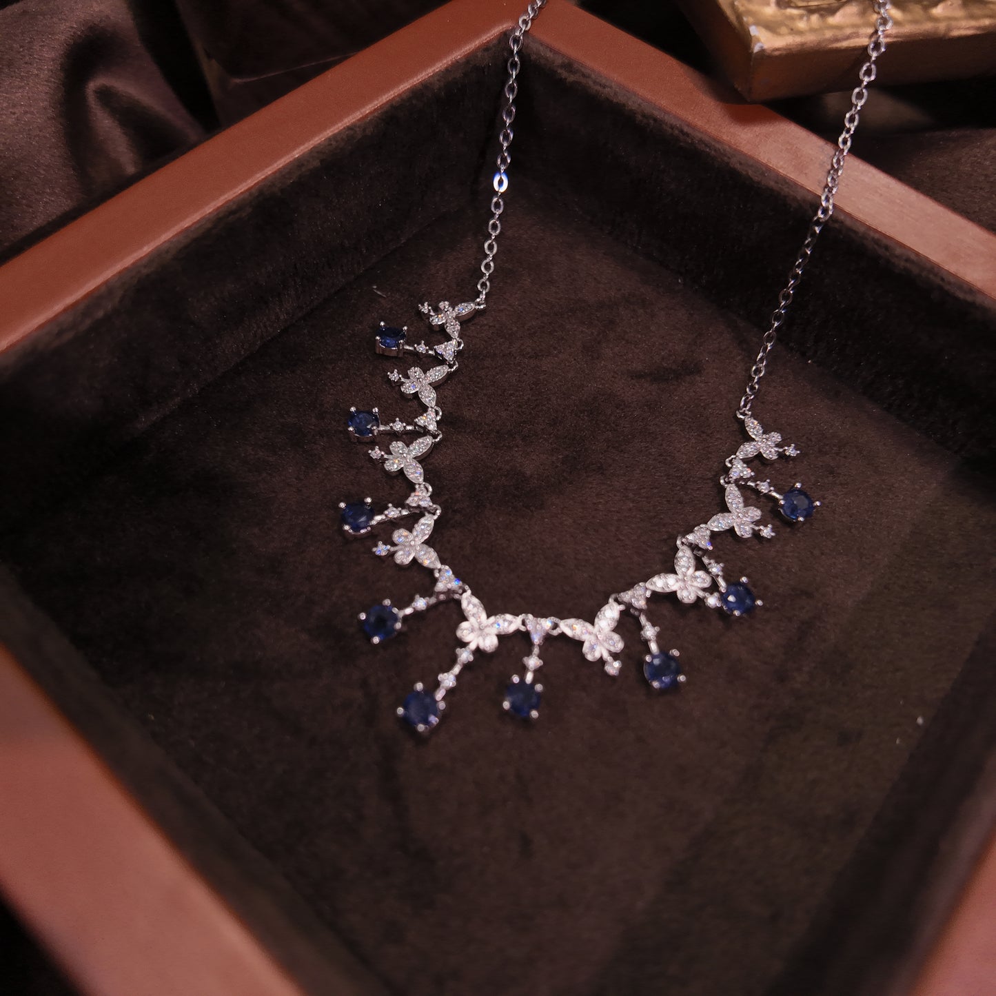 Natural aquamarine necklace S925 pure silver blue butterfly splicing court retro