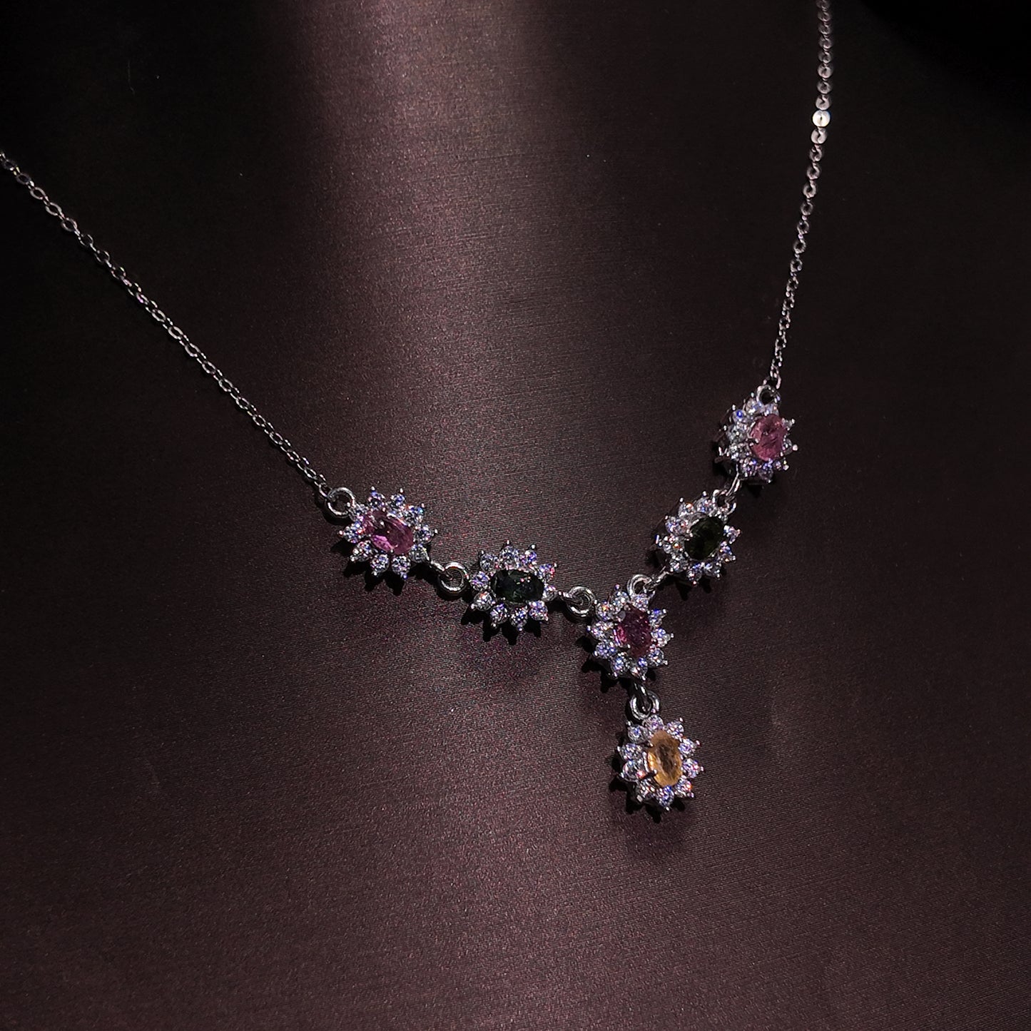 Natural tourmaline necklace S925 pure silver red green yellow spliced palace retro