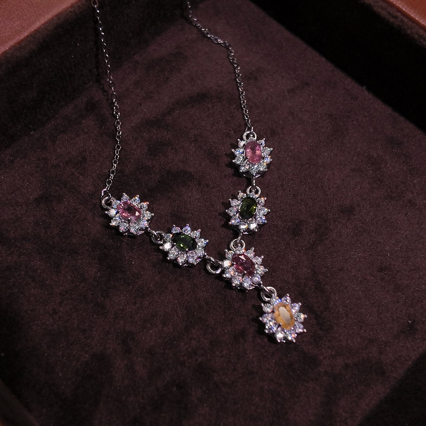 Natural tourmaline necklace S925 pure silver red green yellow spliced palace retro