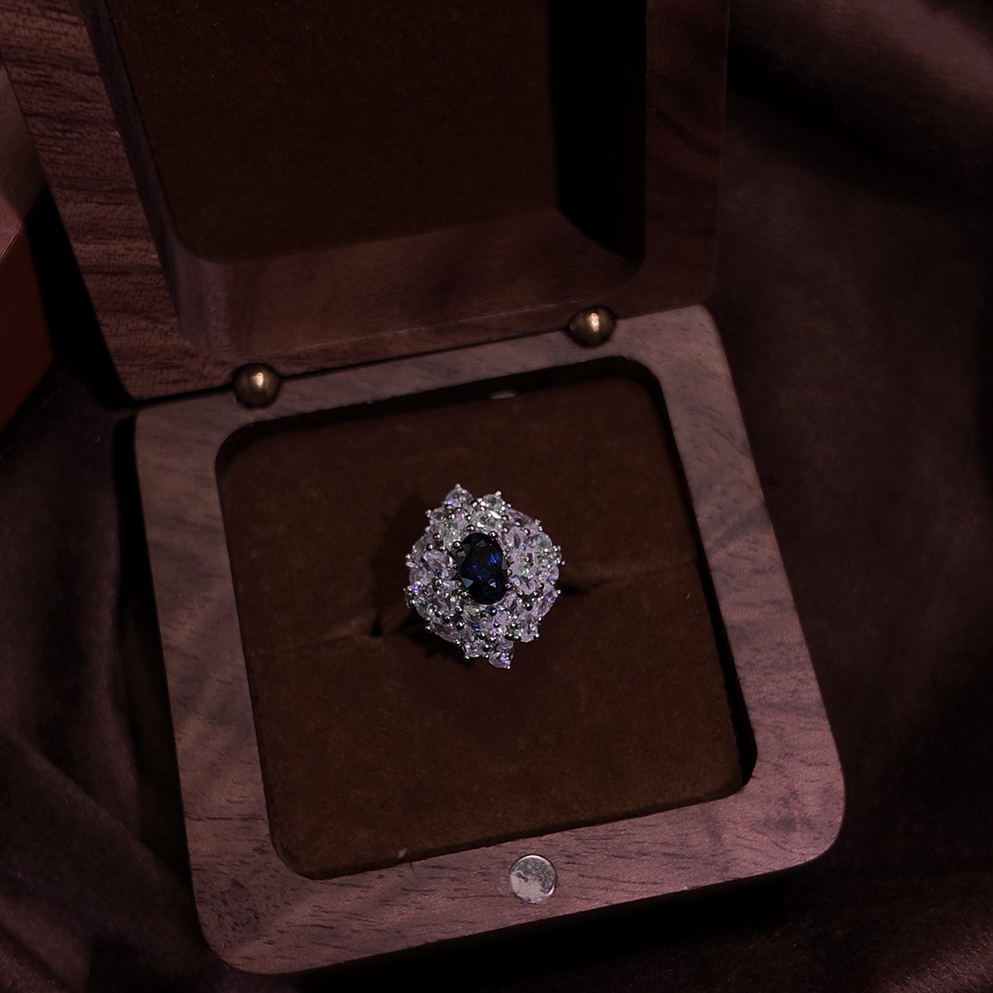 Natural Sapphire Ring Open Ring S925 Pure Silver Elliptical Blue Starry Royal Vintage