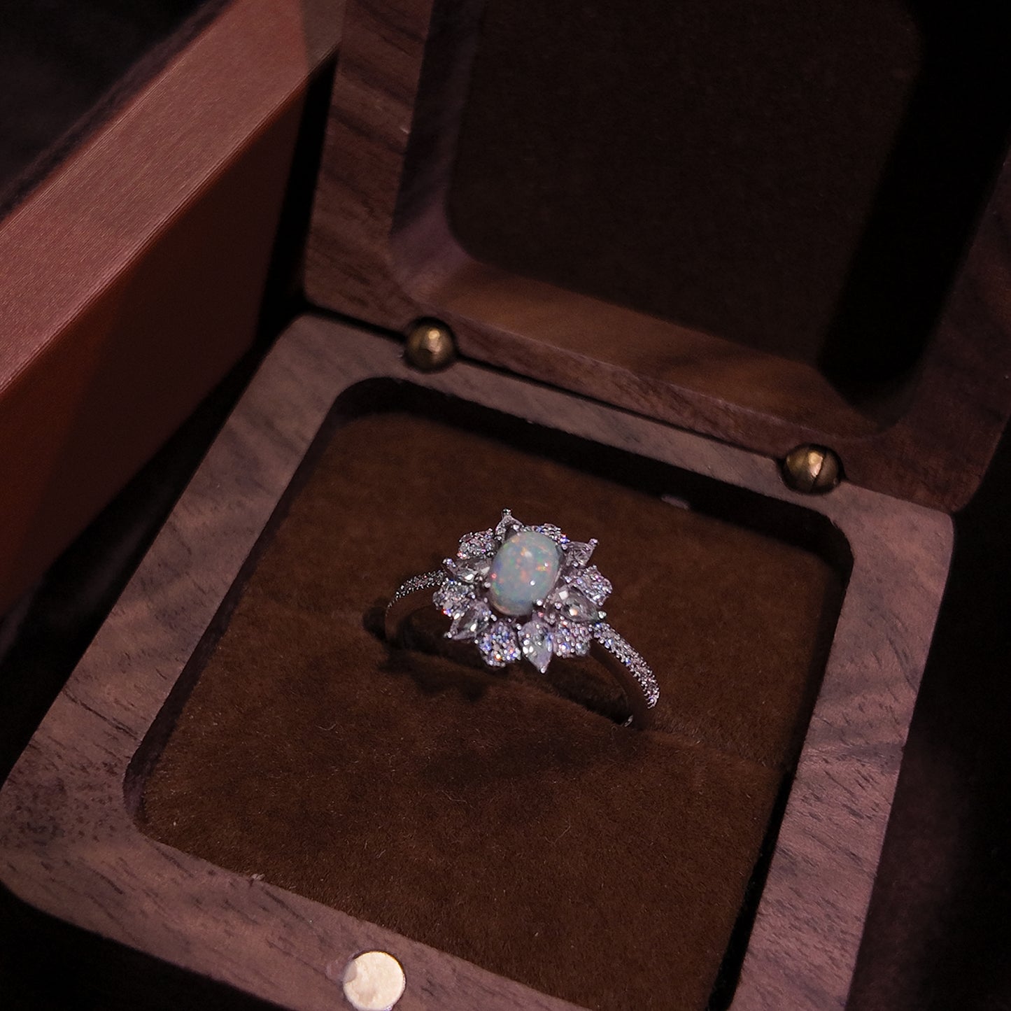 Natural Opal Stone Open Ring S925 Pure Silver Sunflower Shaped Inlaid Palace Vintage