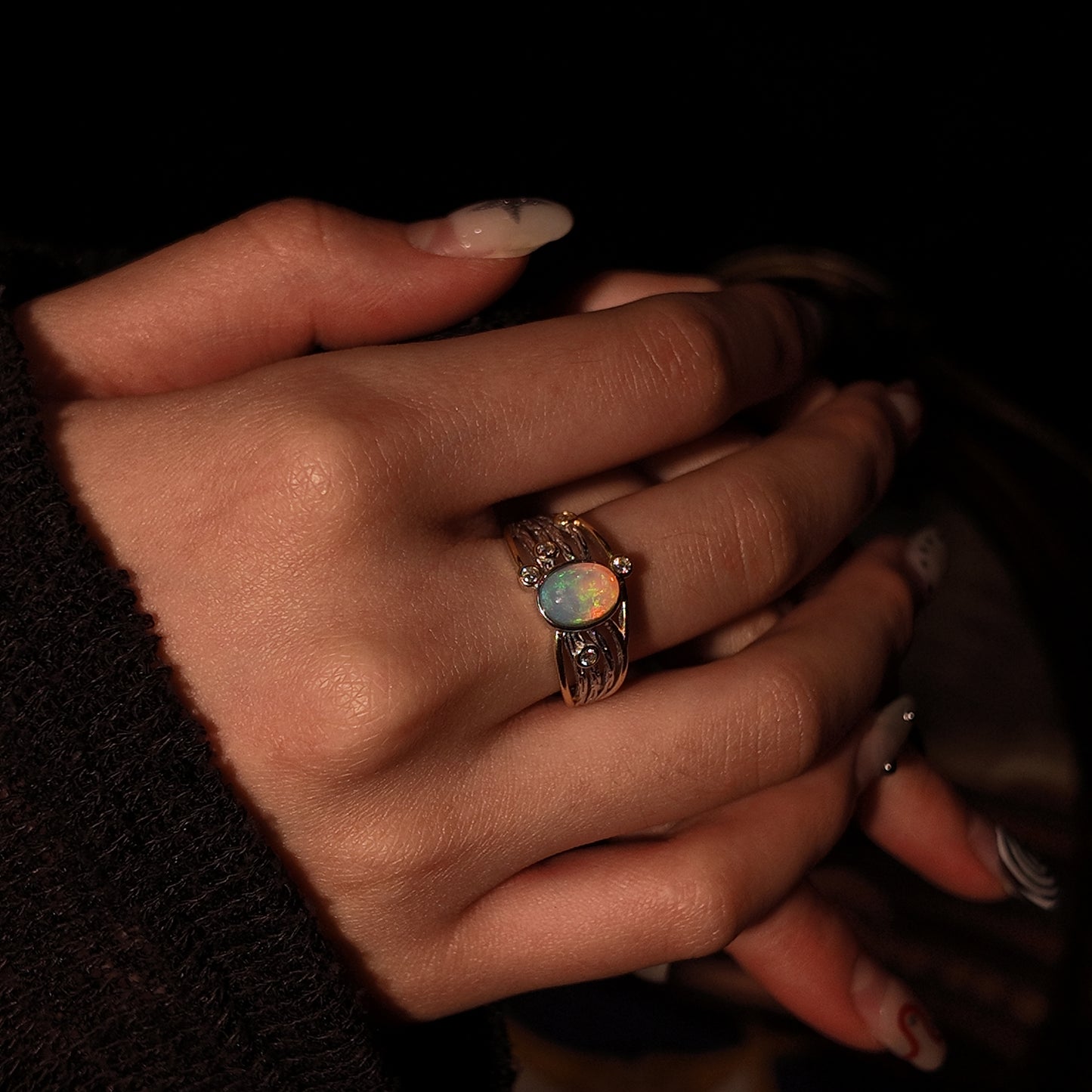 Natural Opal Ring Open Ring S925 Pure Silver Vine Multi Branch Extension Palace Retro