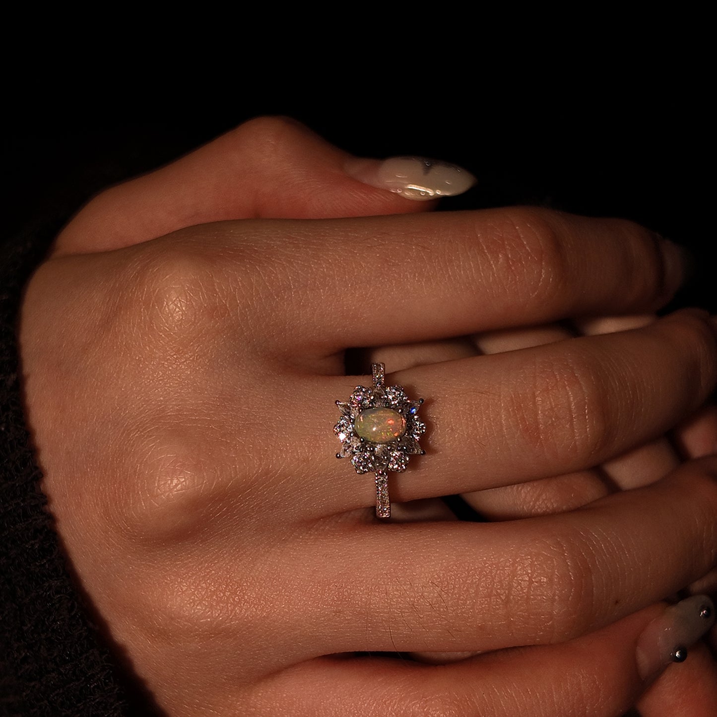 Natural Opal Stone Open Ring S925 Pure Silver Sunflower Shaped Inlaid Palace Vintage