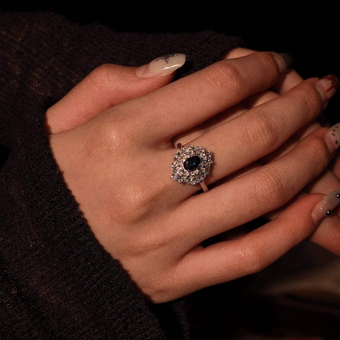 Natural Sapphire Ring Open Ring S925 Pure Silver Elliptical Blue Starry Royal Vintage