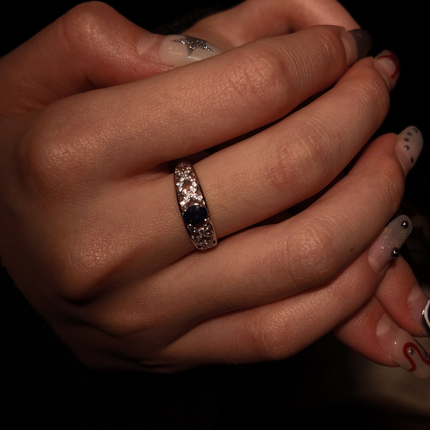 Natural Sapphire Ring Open Ring S925 Pure Silver Blue Hollow Unique Design Palace Retro