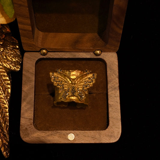 Vintage British 60 Year Rhinestone Brass Open Ring with Three Dimensional Butterfly and Diamond Set Palace Vintage Style