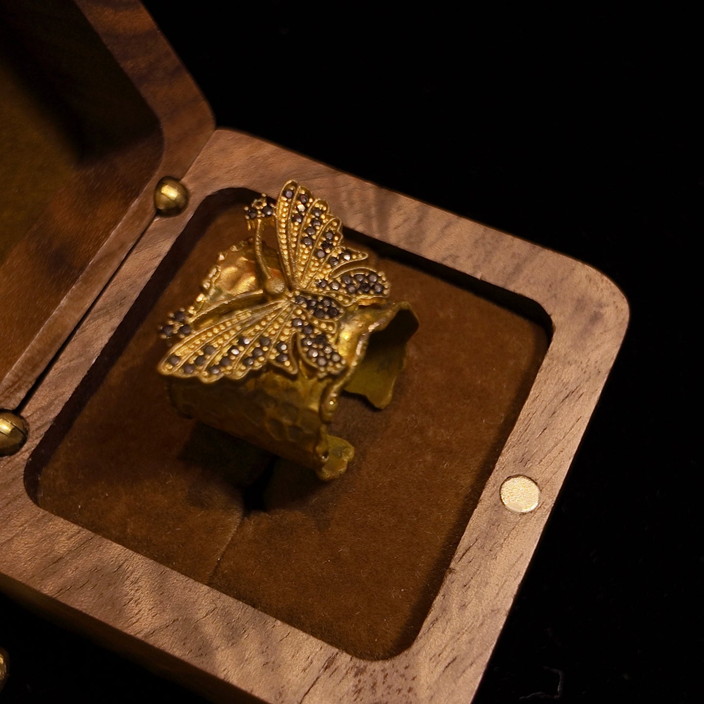 Vintage British 60 Year Rhinestone Brass Open Ring with Three Dimensional Butterfly and Diamond Set Palace Vintage Style