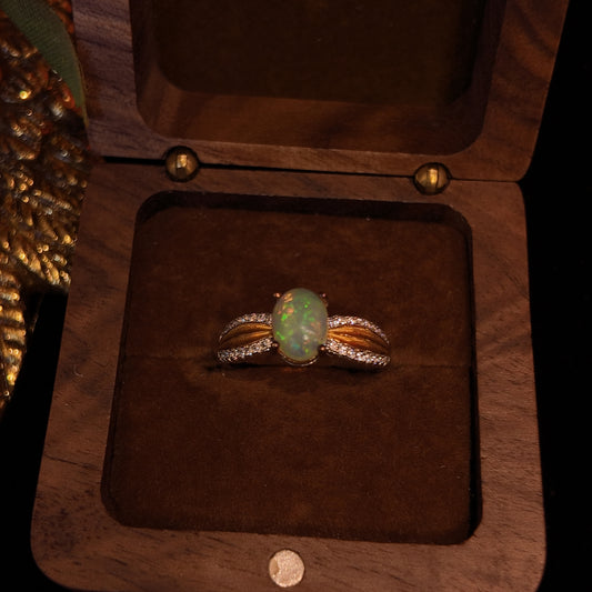 Natural Opal Stone Open Ring S925 Pure Silver Gold Plated Ribbon Rhinestone Inlaid Palace Vintage