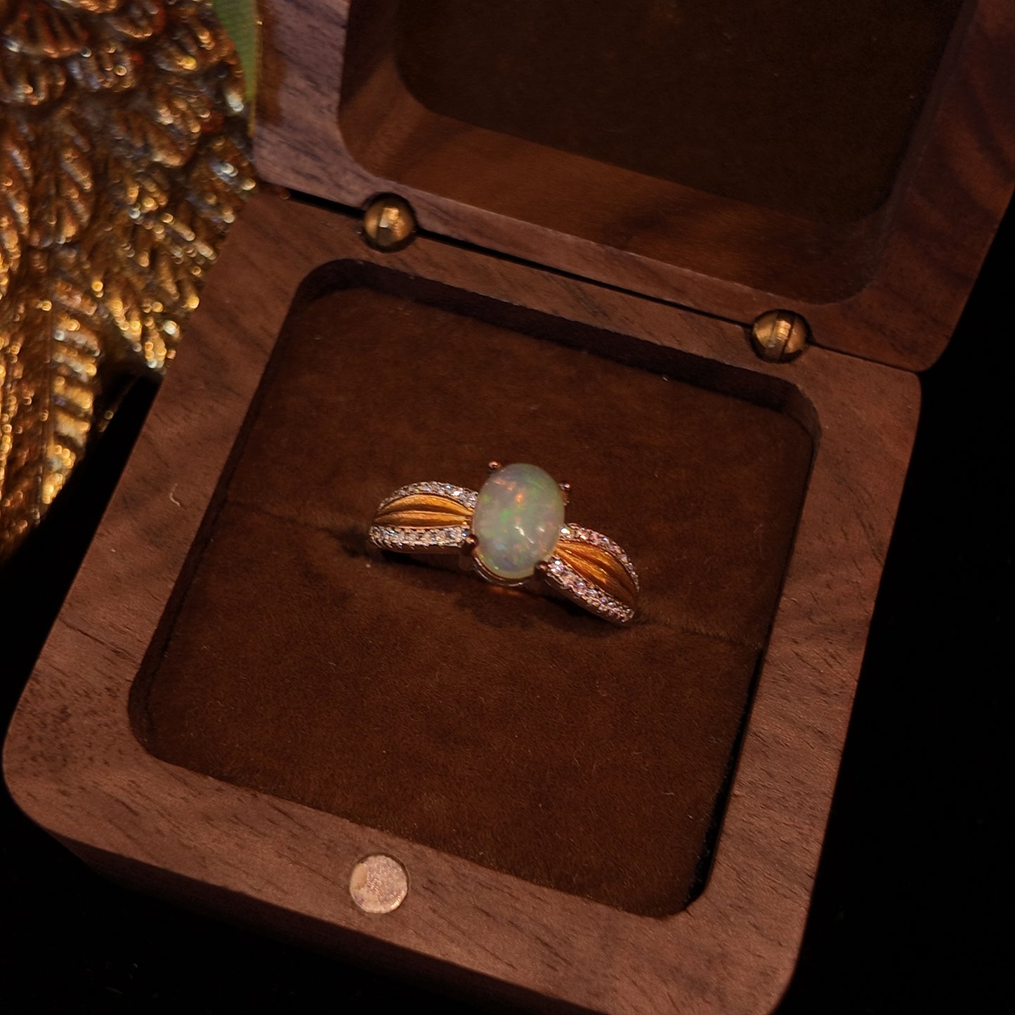 Natural Opal Stone Open Ring S925 Pure Silver Gold Plated Ribbon Rhinestone Inlaid Palace Vintage