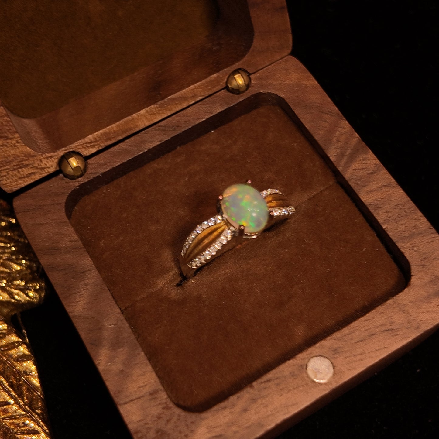 Natural Opal Stone Open Ring S925 Pure Silver Gold Plated Ribbon Rhinestone Inlaid Palace Vintage