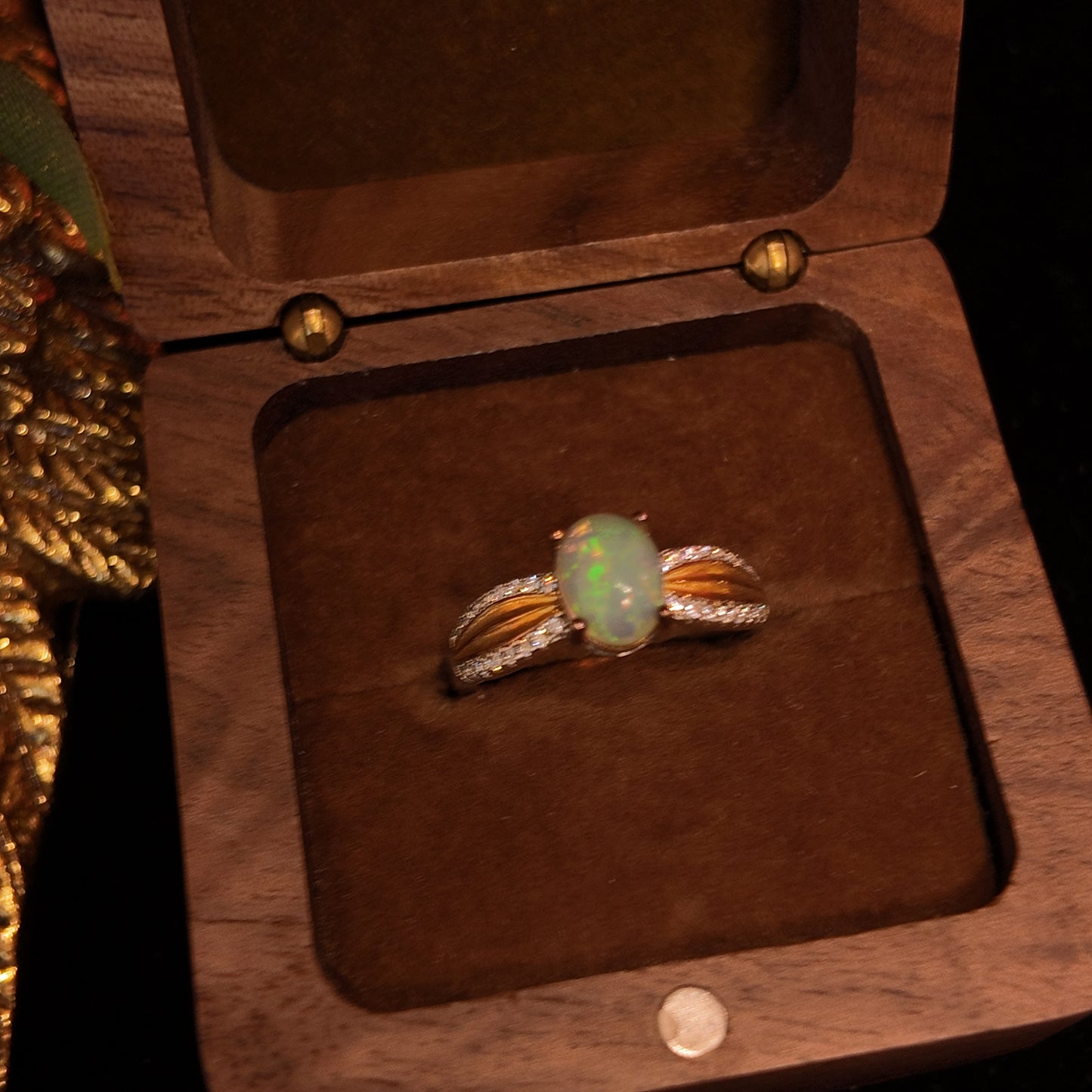 Natural Opal Stone Open Ring S925 Pure Silver Gold Plated Ribbon Rhinestone Inlaid Palace Vintage
