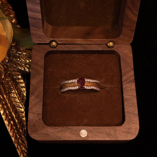 Red Garnet Open Ring S925 Pure Silver Gold Plated Ribbon Rhinestone Inlaid Palace Vintage