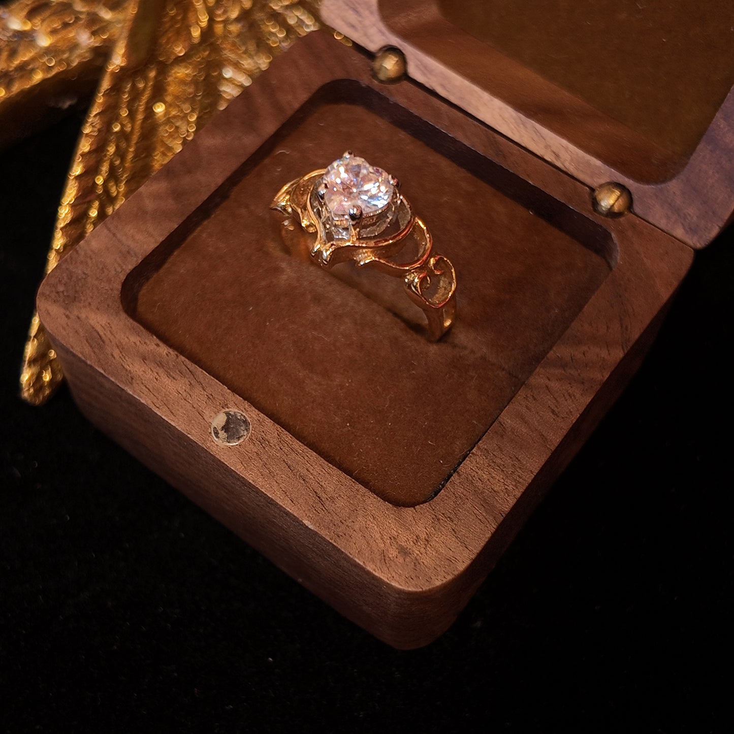 Vintage Rhinestone Ring with Gold Plated Love White Rhinestone Inlaid Hollow Design Palace Vintage