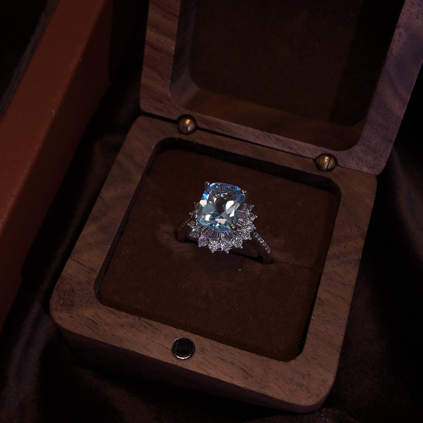 Natural Topaz Open Ring S925 Pure Silver Light Blue Rectangular Starry Surrounding Diamond Set Palace Retro