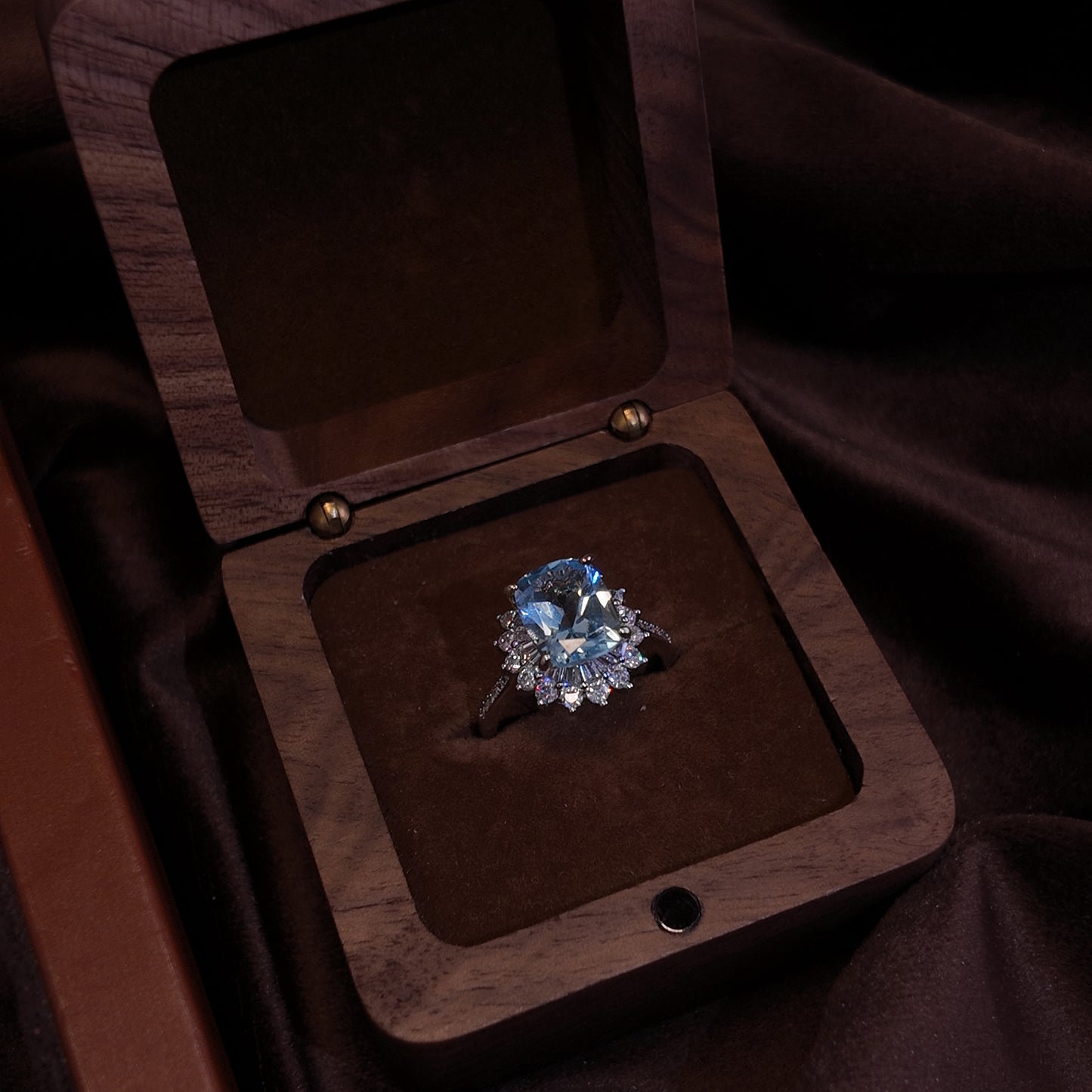 Natural Topaz Open Ring S925 Pure Silver Light Blue Rectangular Starry Surrounding Diamond Set Palace Retro