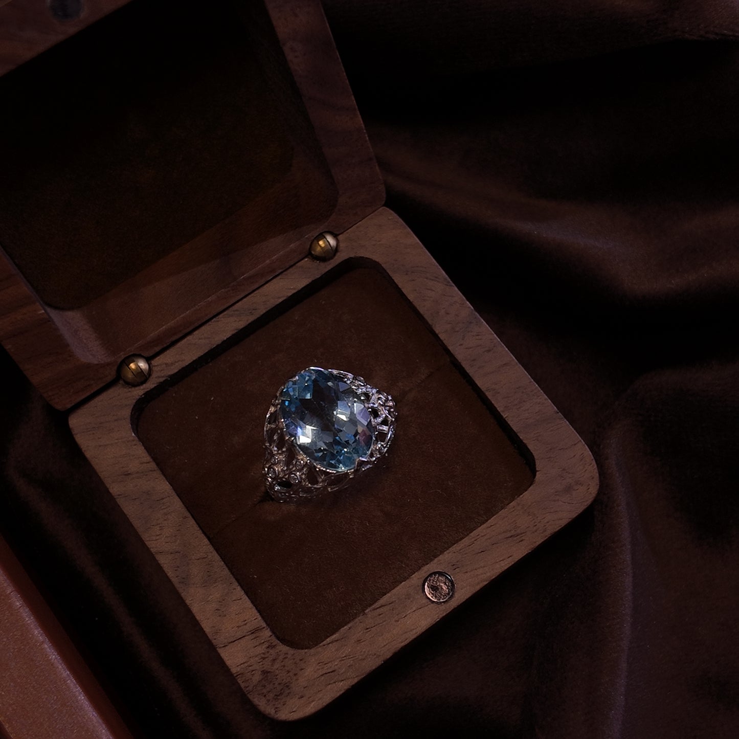 Natural Topaz Open Ring S925 Pure Silver Light Blue Elliptical Hollow out Diamond Set Edge Design  Palace Retro