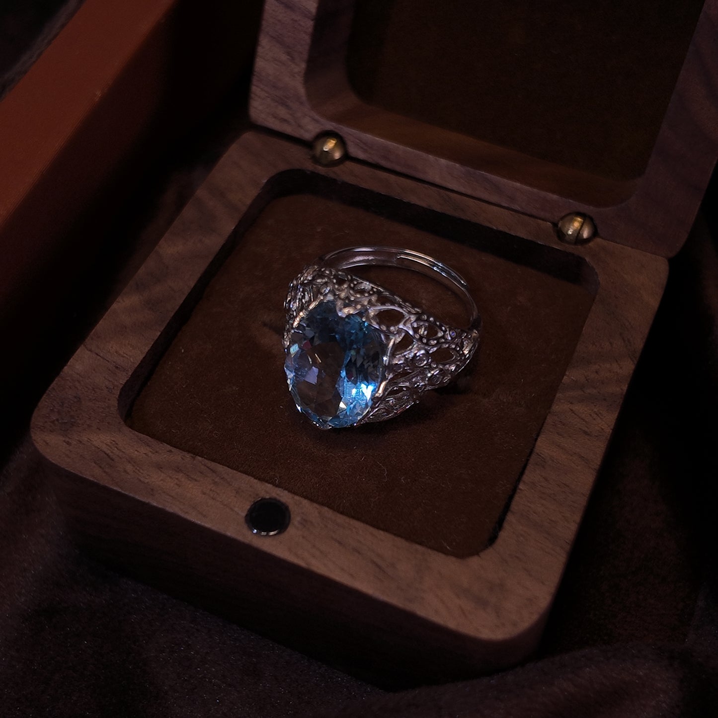 Natural Topaz Open Ring S925 Pure Silver Light Blue Elliptical Hollow out Diamond Set Edge Design  Palace Retro