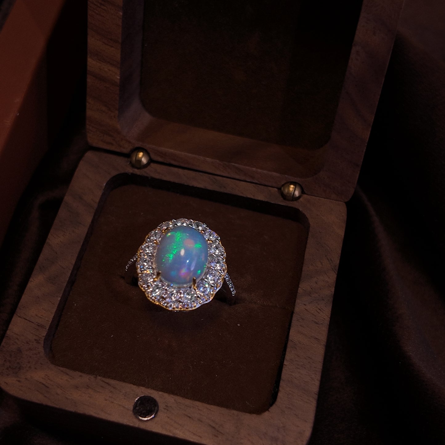 Natural Opal Stone Open Ring S925 Pure Silver Colorful Round Opal Round Lace Set with Diamond Palace Retro