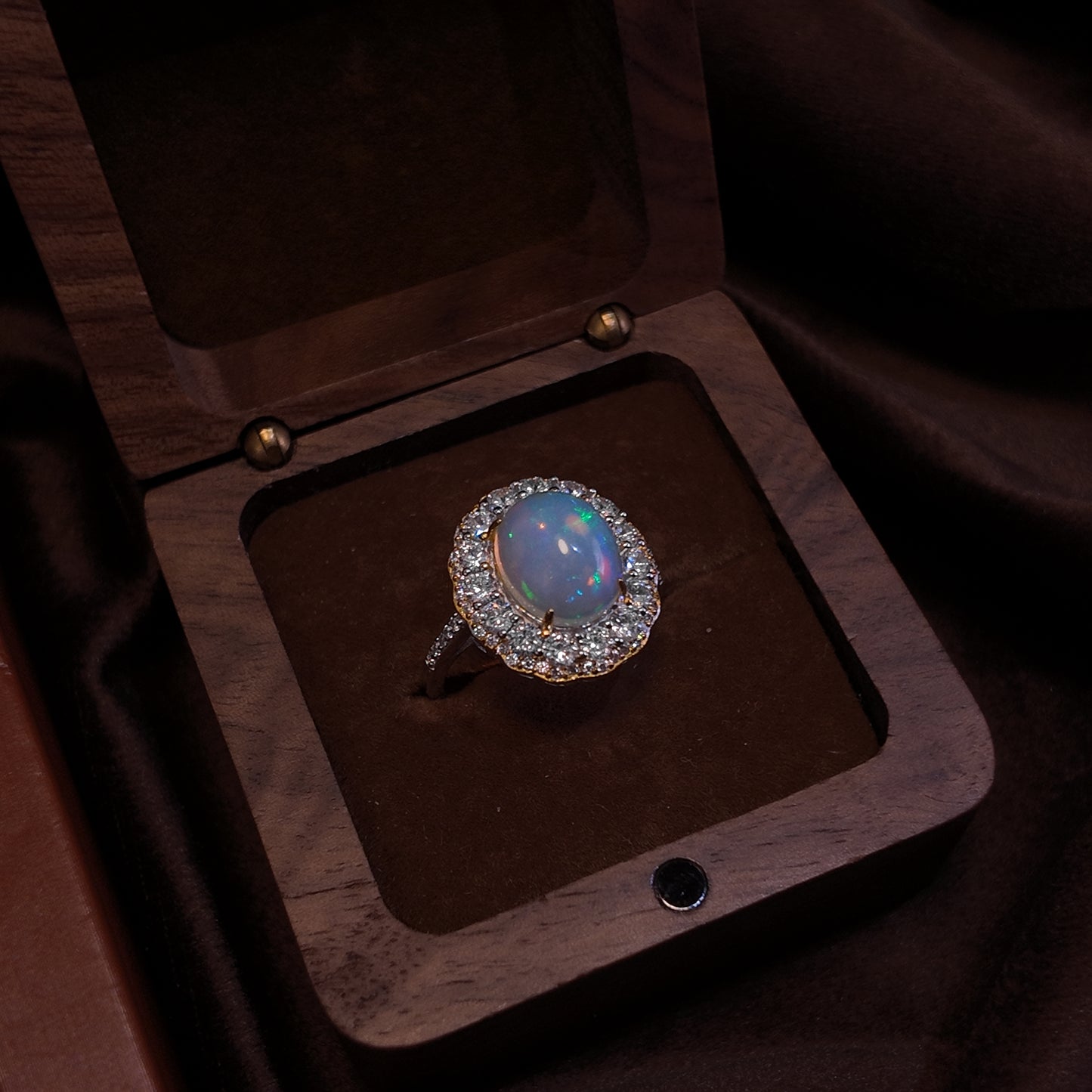 Natural Opal Stone Open Ring S925 Pure Silver Colorful Round Opal Round Lace Set with Diamond Palace Retro