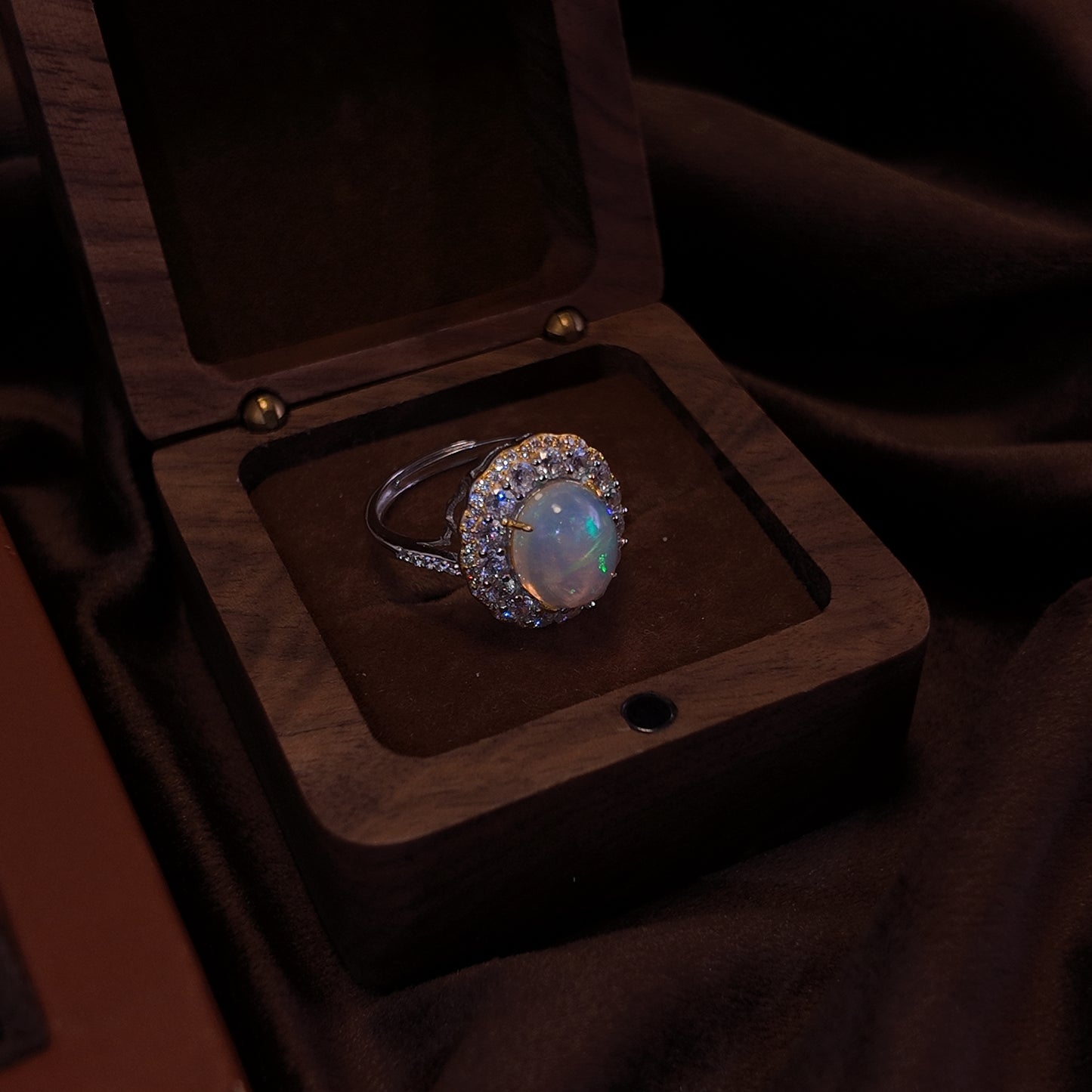 Natural Opal Stone Open Ring S925 Pure Silver Colorful Round Opal Round Lace Set with Diamond Palace Retro