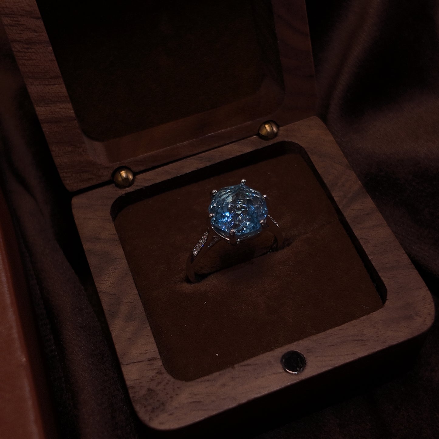 Natural Topaz Open Ring S925 Pure Silver Blue Round Edge Royal Vintage