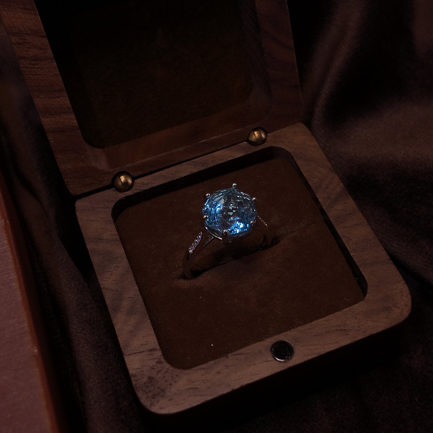 Natural Topaz Open Ring S925 Pure Silver Blue Round Edge Royal Vintage