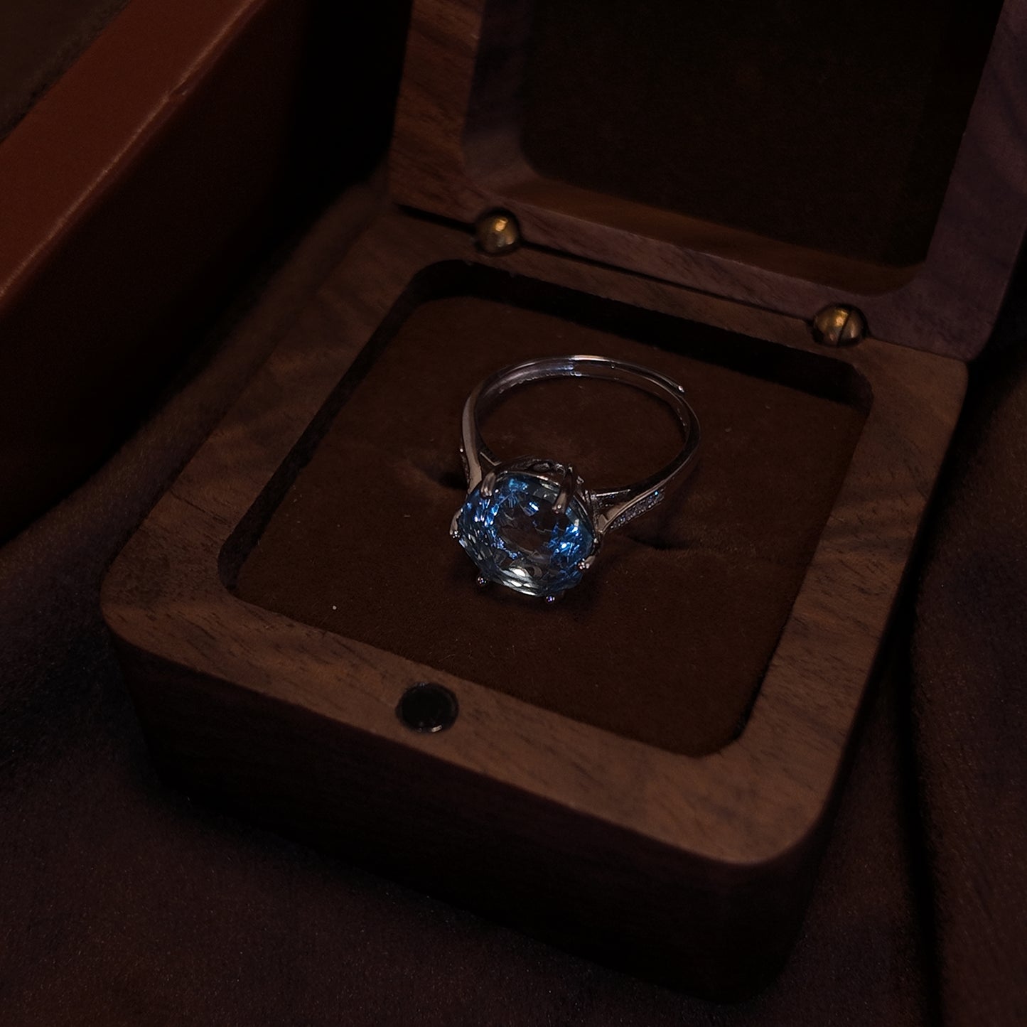 Natural Topaz Open Ring S925 Pure Silver Blue Round Edge Royal Vintage