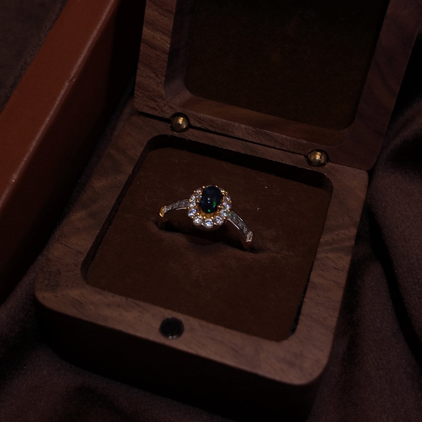 Natural Black Opal Stone Open Ring S925 Pure Silver Oval Edged with Diamond Set Design Imperial Retro