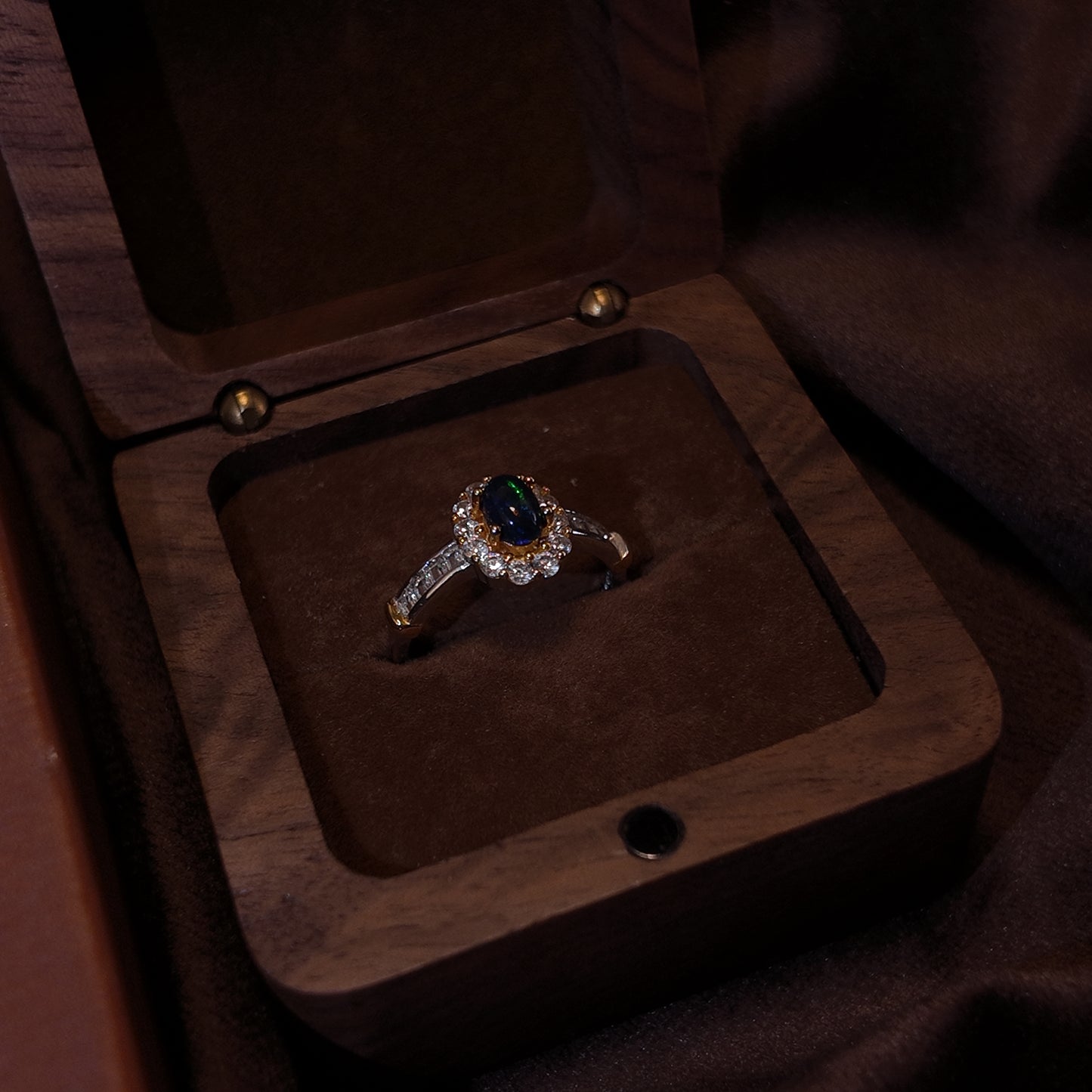 Natural Black Opal Stone Open Ring S925 Pure Silver Oval Edged with Diamond Set Design Imperial Retro