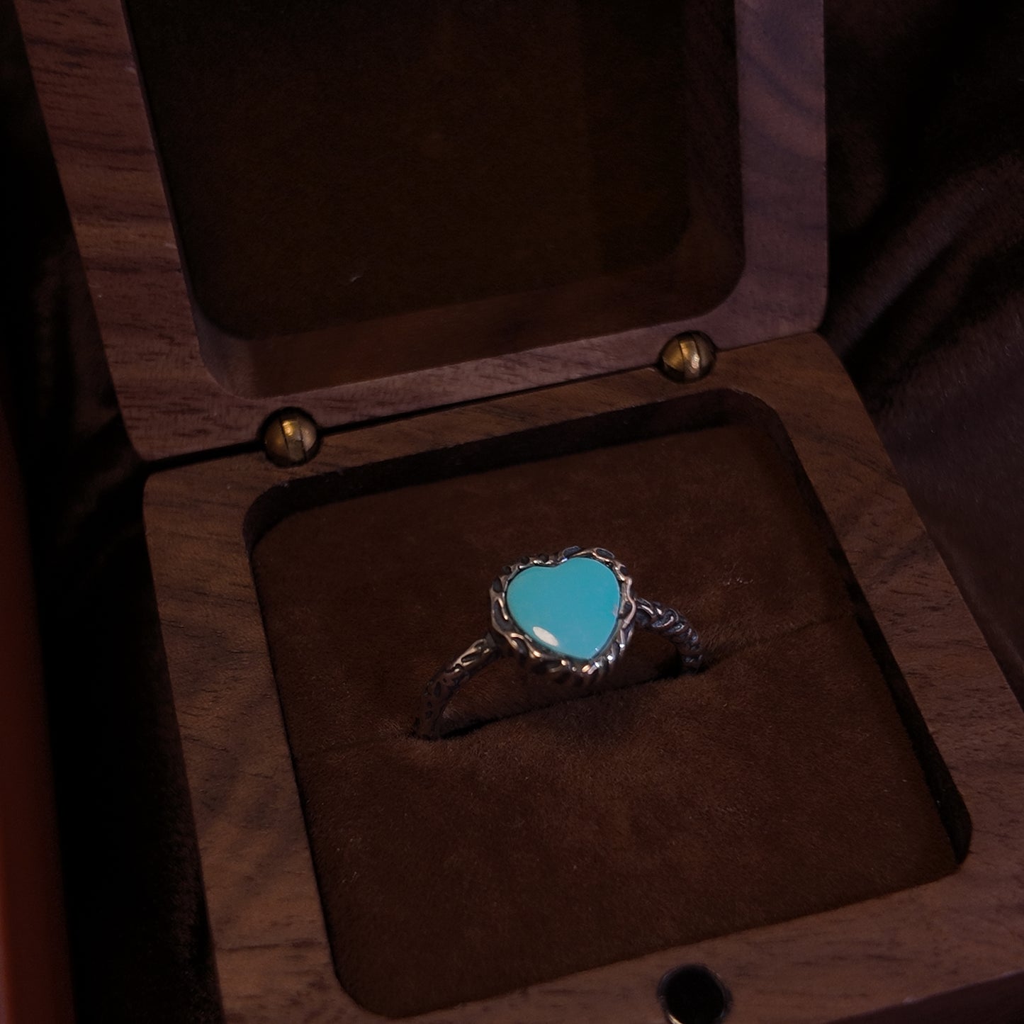 Natural turquoise open ring S925 pure silver green heart hand hammer pattern ring body court retro