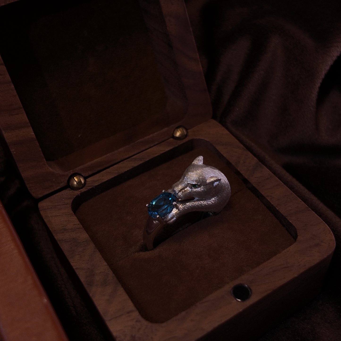 Natural Topaz Open Ring S925 Pure Silver Blue Stereoscopic Leopard Green Eyes Personalized Design Palace Retro